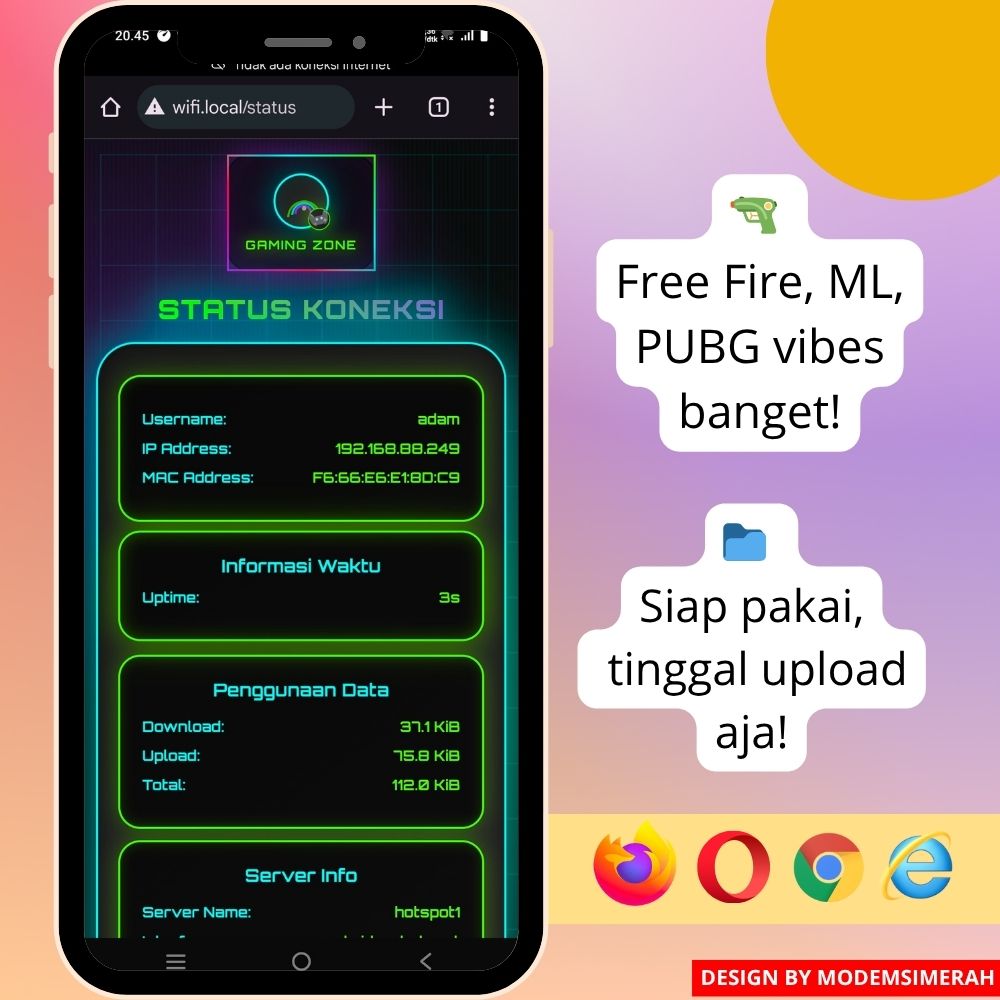 Desain login hotspot MikroTik khusus gamer dengan mode voucher dan member
