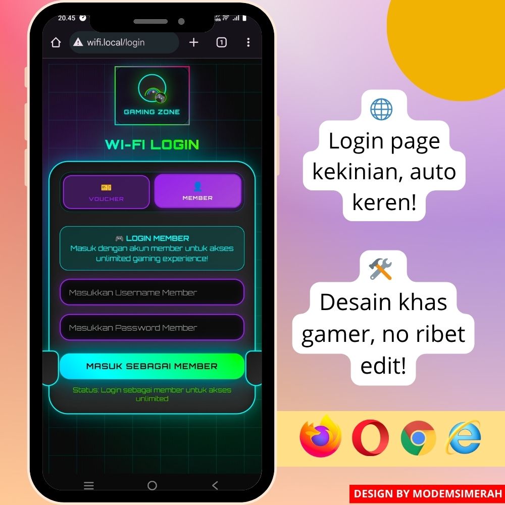 Tampilan login page MikroTik tema game futuristik neon